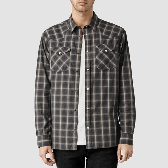 AllSaints Men's Gray Frontier Shirt Plaid Snap Dow - Picture 4 of 8
